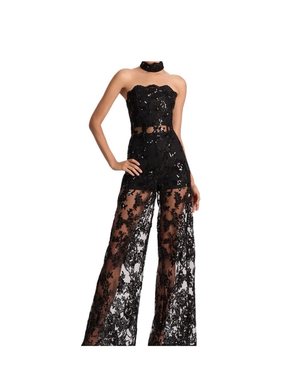 alice + olivia Black Floral Lace Maxi jumpsuit